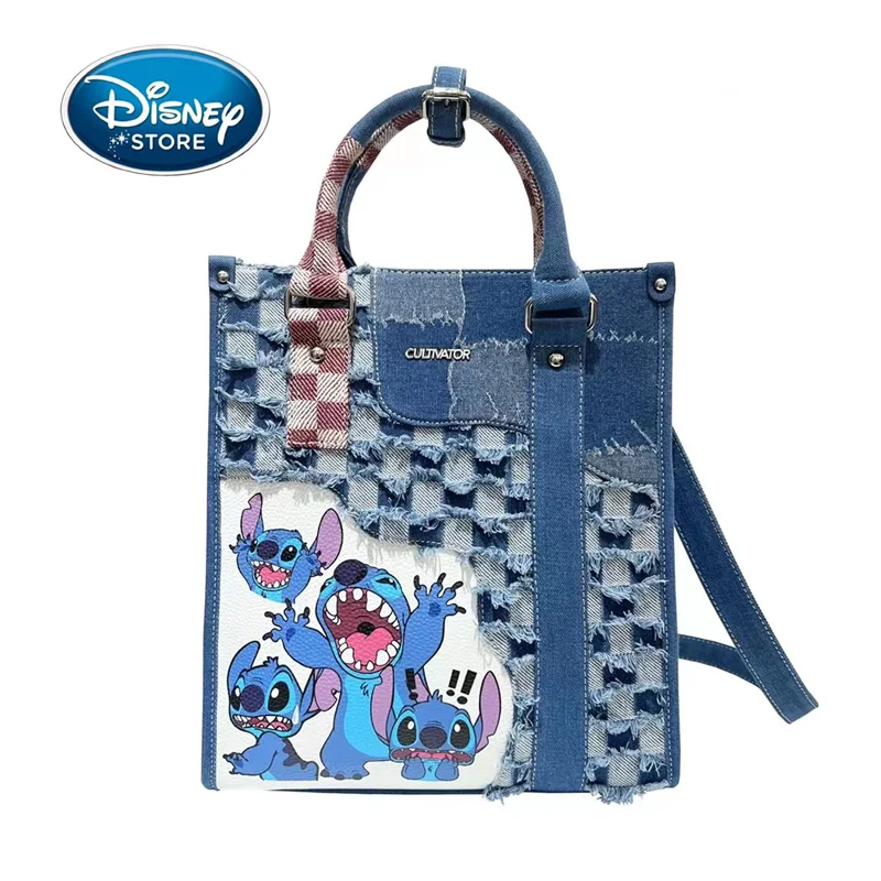 Disney Original Stitch PU Leather Denim Hole Fashion Stitching Crossbody Storage Bag For Women Girl Go Out Storage Bags