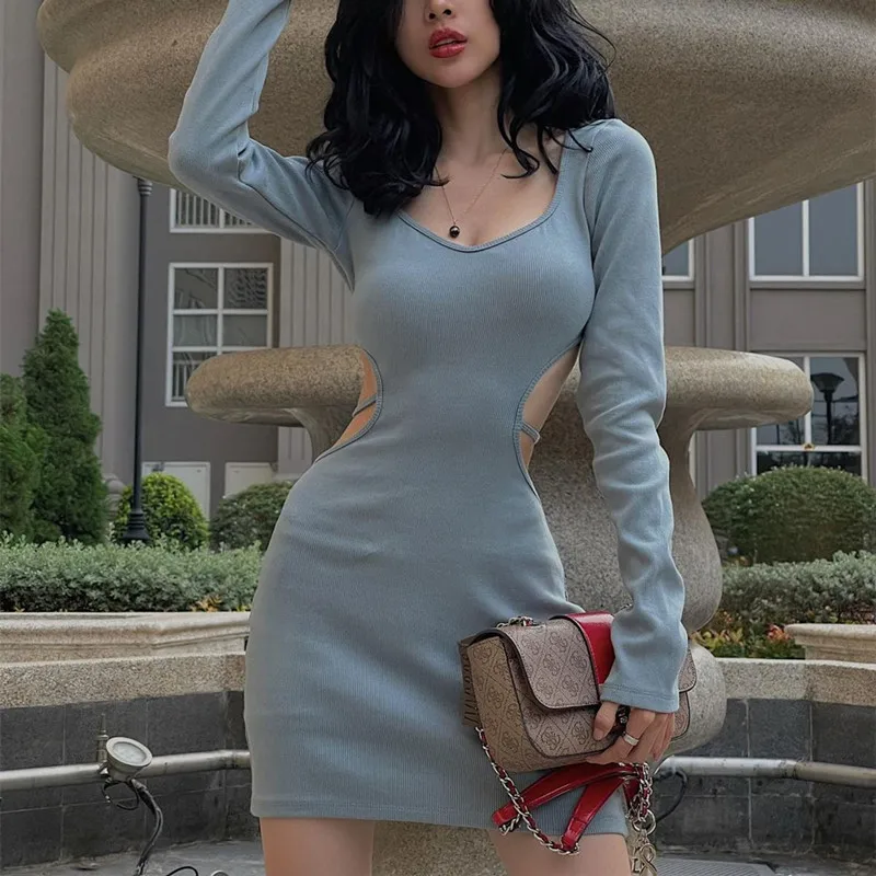 

Blue Bodycon Dresses for Women 2023 Spring Fashion Cut Out Lace Up Backless V Neck Long Sleeve Mini Dresses Korean Style Vestido