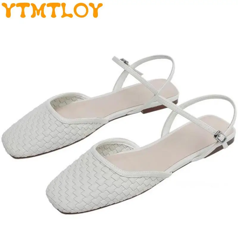 

2022 Summer New Woven Square-toe Flat-heeled Sandals For Women Leather Sandals Women Women Summer Shoes Sandales Femmes T Nouvea