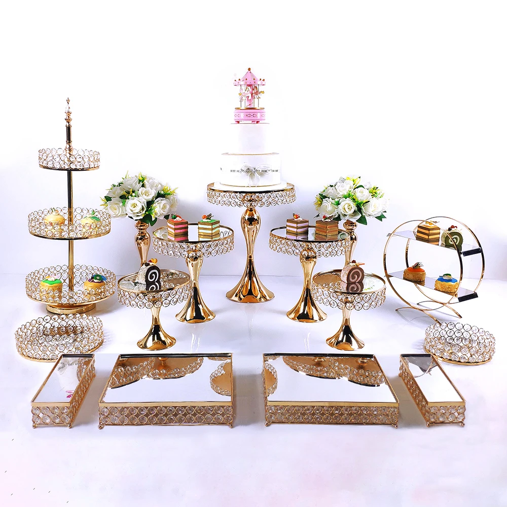 Gold Silver 6- 15pcs  Electroplate Metal  Crystal Cake Stand Set Display Wedding Birthday Party Dessert  Cupcake Plate Rack