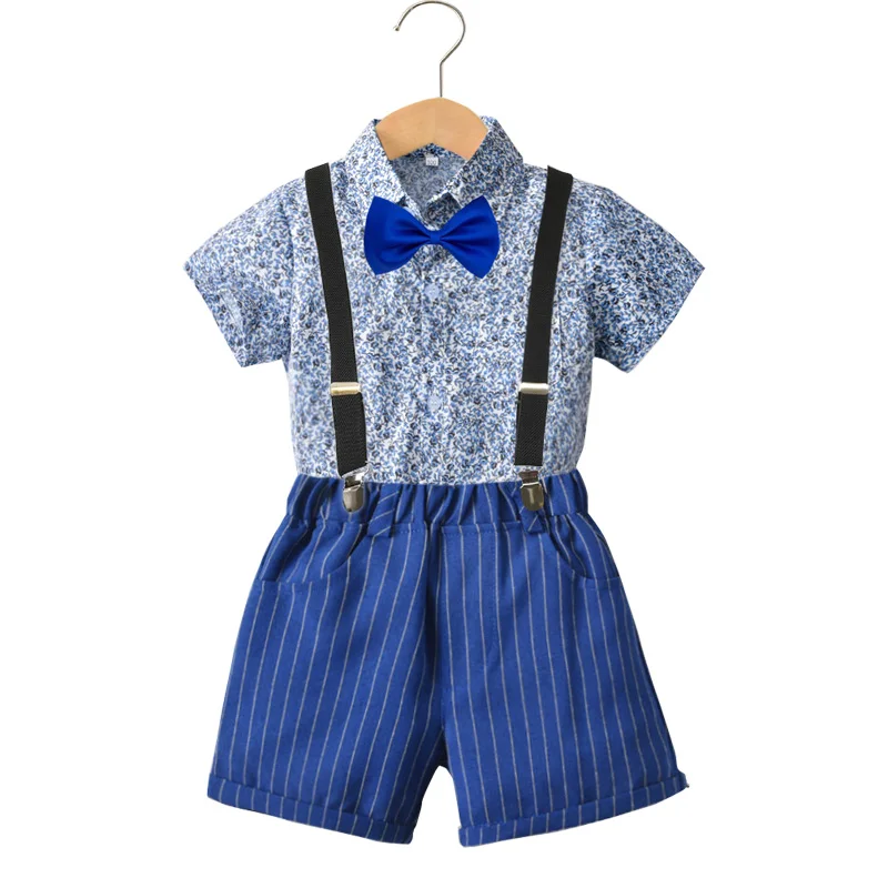 

Baby Cothing Summer New Boys Short Sleeve Bow Tie Shirt Shorts Overalls British Gentleman Formal Suit For Baby Boy Clothes Sets