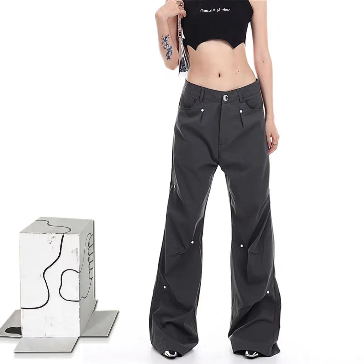 

Y2K retro trendy cool casual flared pants women's high waist metal rivets wide-leg pants straight pleated overalls new product