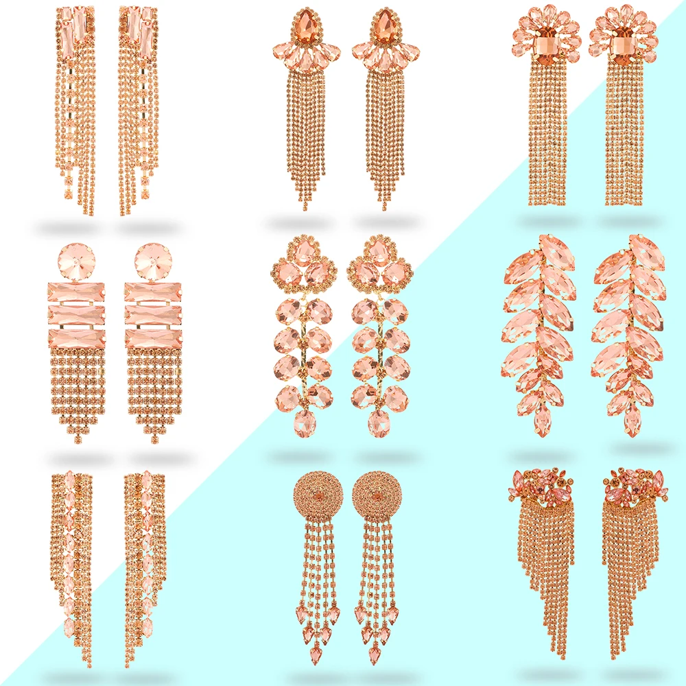 

Pink Fashion Rhinestone Charm Tassel Chain Long Hanging Drop Earrings For Women 2023 Trend Luxury Quality Holiday Party Jewelry