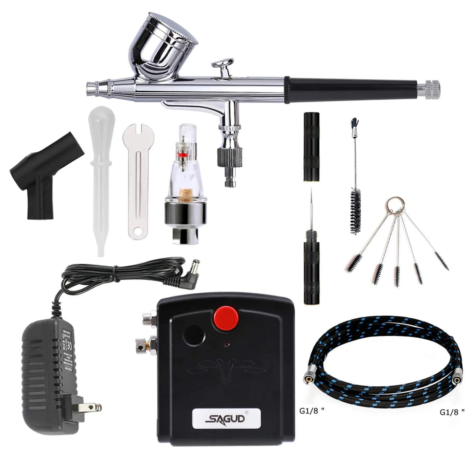 Dual-Action Airbrush with Auto Shut Airbrush Compressor Kit for Cake Decor Tattoo Nail Makeup with Spray Gun Cleaning Tool Set