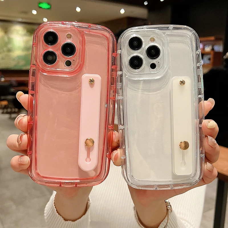 

Colorful Phone Case With Stand For iPhone 14 13 12 11 Pro Max SE2 XR X XS 6 7 8 Plus Cover Soft TPU Shockproof Wrist Strap Coque