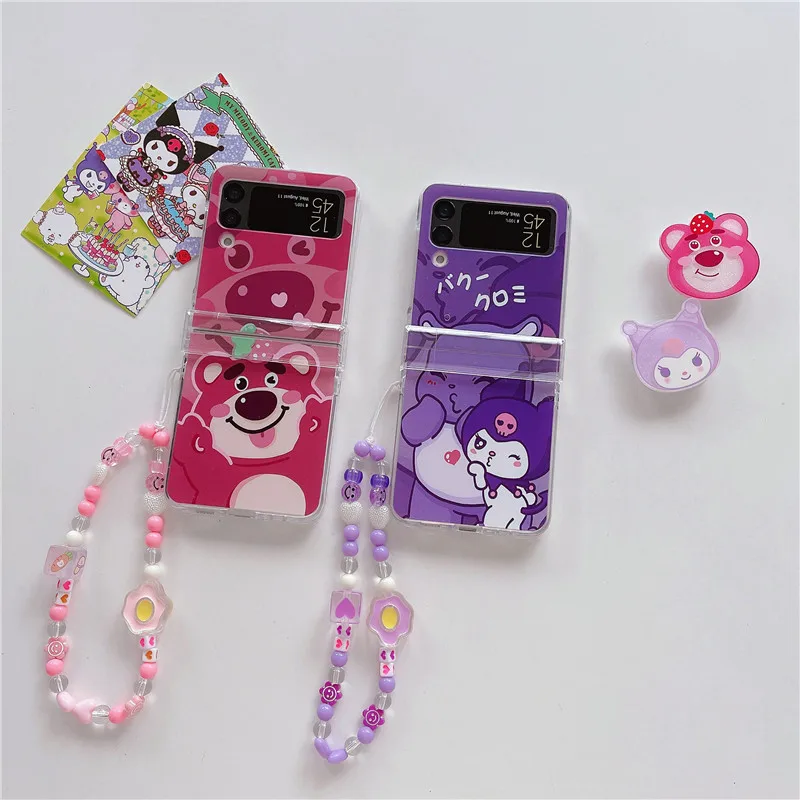 

Sanrio Kuromi Lotso 3D Doll Hand Chain Bring Support Phone Case For Samsung Galaxy Z Flip 3 4 5G ZFlip3 ZFlip4 Flip3 Flip4 Cover