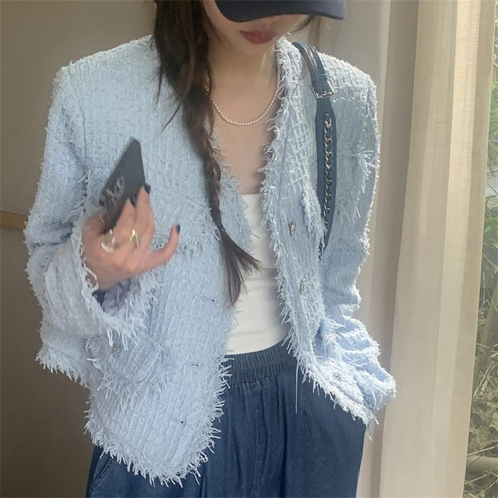 

Blue Tassels Jackets Women's Spring Autumn Popular Design Tops High Street Fashion Multiple Pockets Jacket New