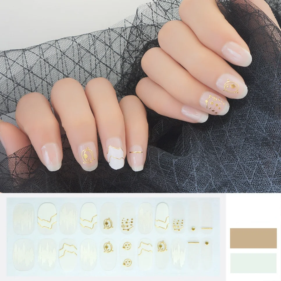

22Stickers/sheet Solid Color Nail Stickers Wraps Full Cover Gel Waterproof Semi-cured Girl White Gold Pattern Nail Sticker Salon