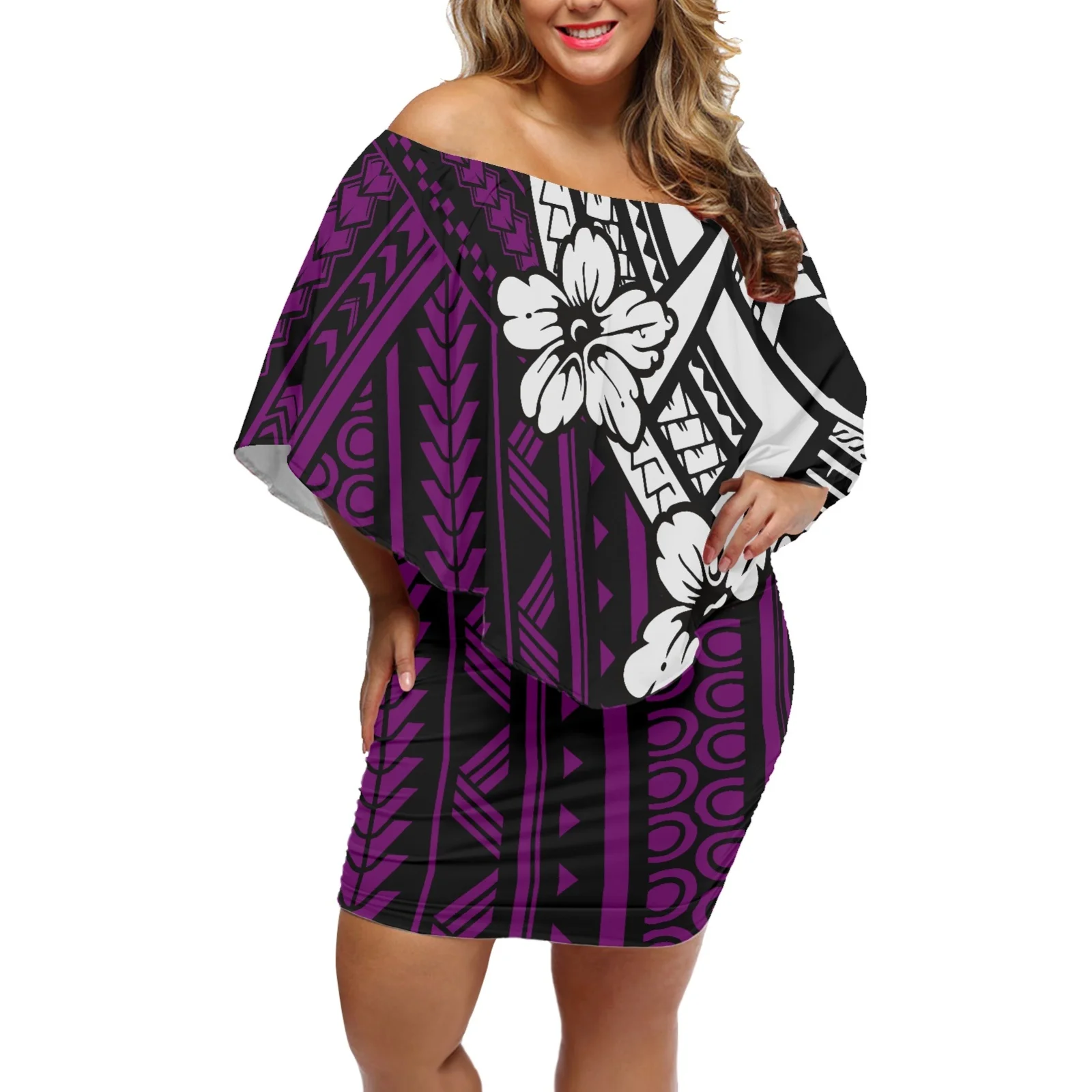 

New Samoa Hawaii Women Dresses 2023 Summer Women's Clothing Tattoo Printing Off Shoulder Bat Sleeves Buttocks Skirt