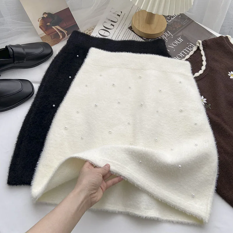 

Beading Fashiony Pure Color Skirts High Waist Elastic Jupe Mujer Faldas New Knitted Skirt Casual Women Clothes Dropshipping