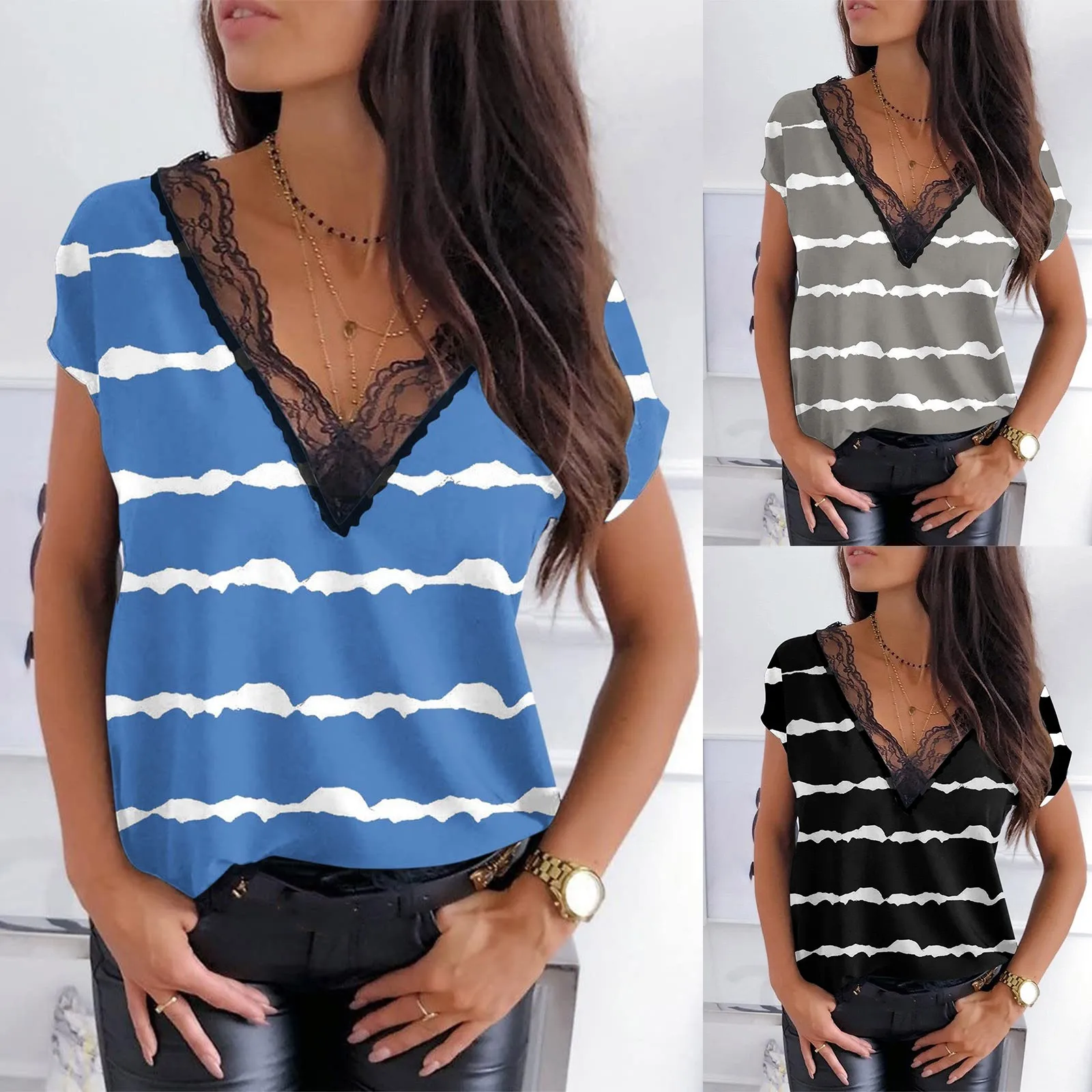 

Women's Summer Shirt Lace Printed Short Sleeve Casual sexy lace V Neck Top Graphic Clothing female Harajuku Женская футболка