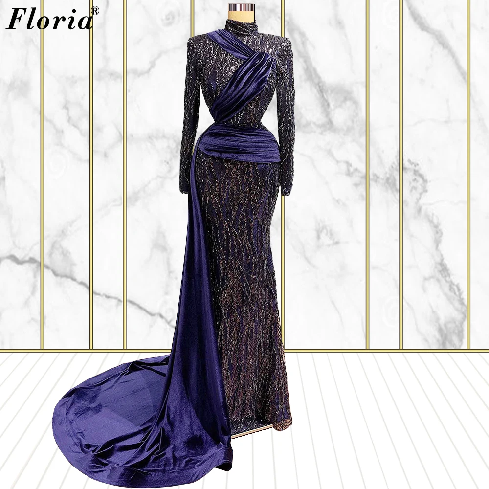 

Muslim Vintage Mermaid Evening Dresses Dubai Beaded Long Sleeves Prom Dresses Formal Occasion Gowns Party Gowns Robes De Soirée
