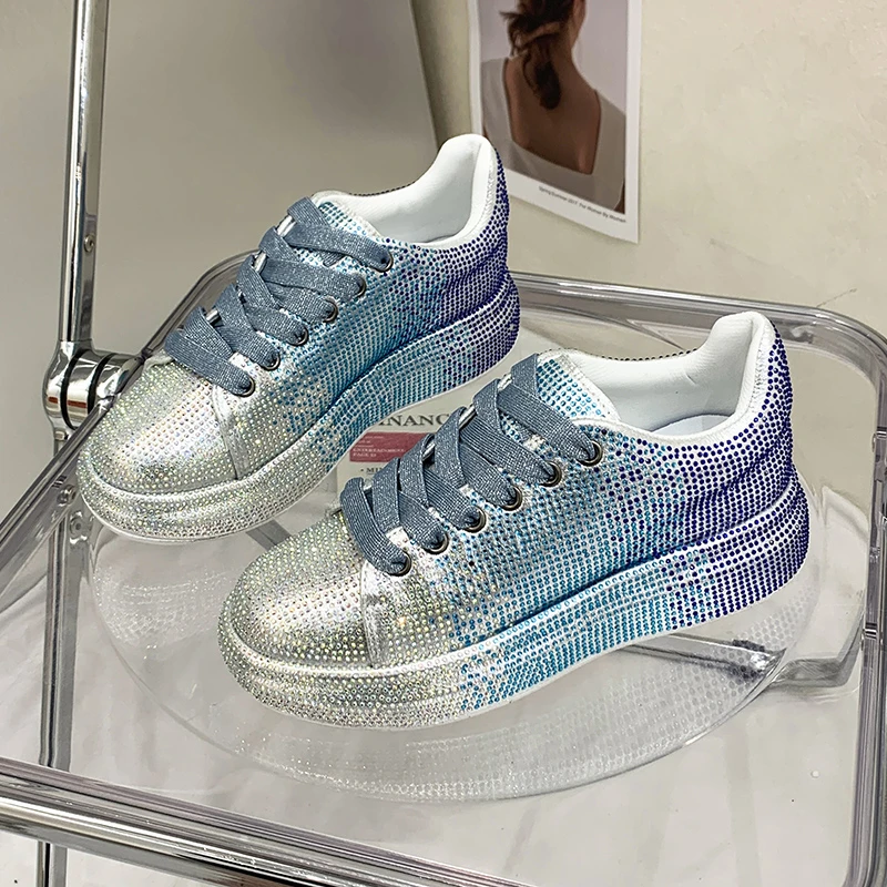 

2022 Autumn Leather Women Shoes New Style Fashion Pink Platform Shoes Ins Platforms Sneakers Tide Shine Bling Rhinestone Shoes