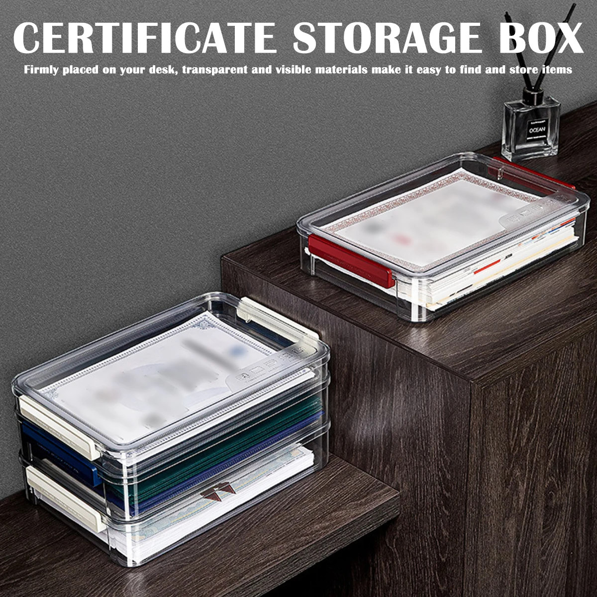 

Ящик для хранения документов с крышкой и пряжкой, Домашний Прозрачный Штабелируемый органайзер для сертификатов и лицензий, водонепроница...