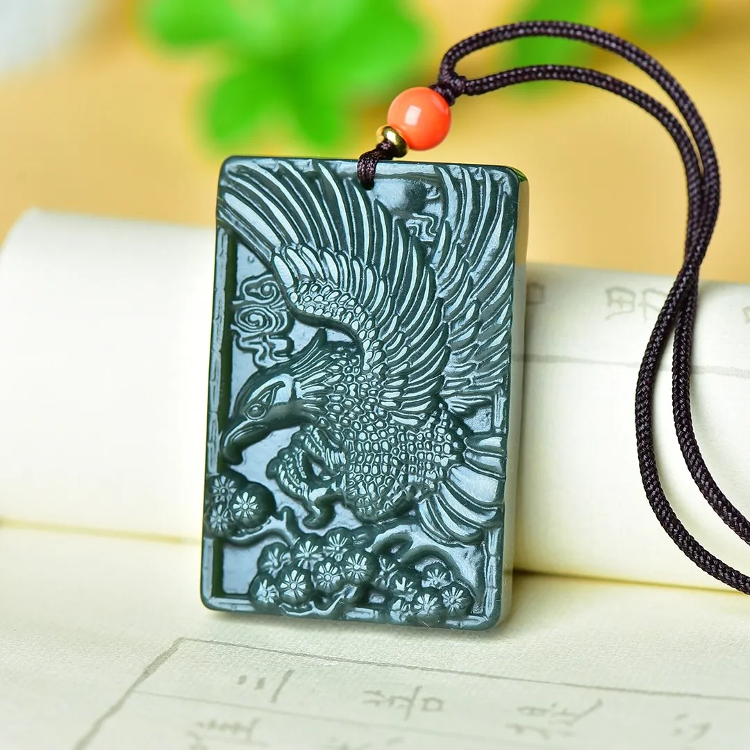 

Send Certificate Natural Green Jade Eagle Pendant Necklace Men Women Hand Carved Hetian Jades Nephrite Eagle Charms Lucky Amulet