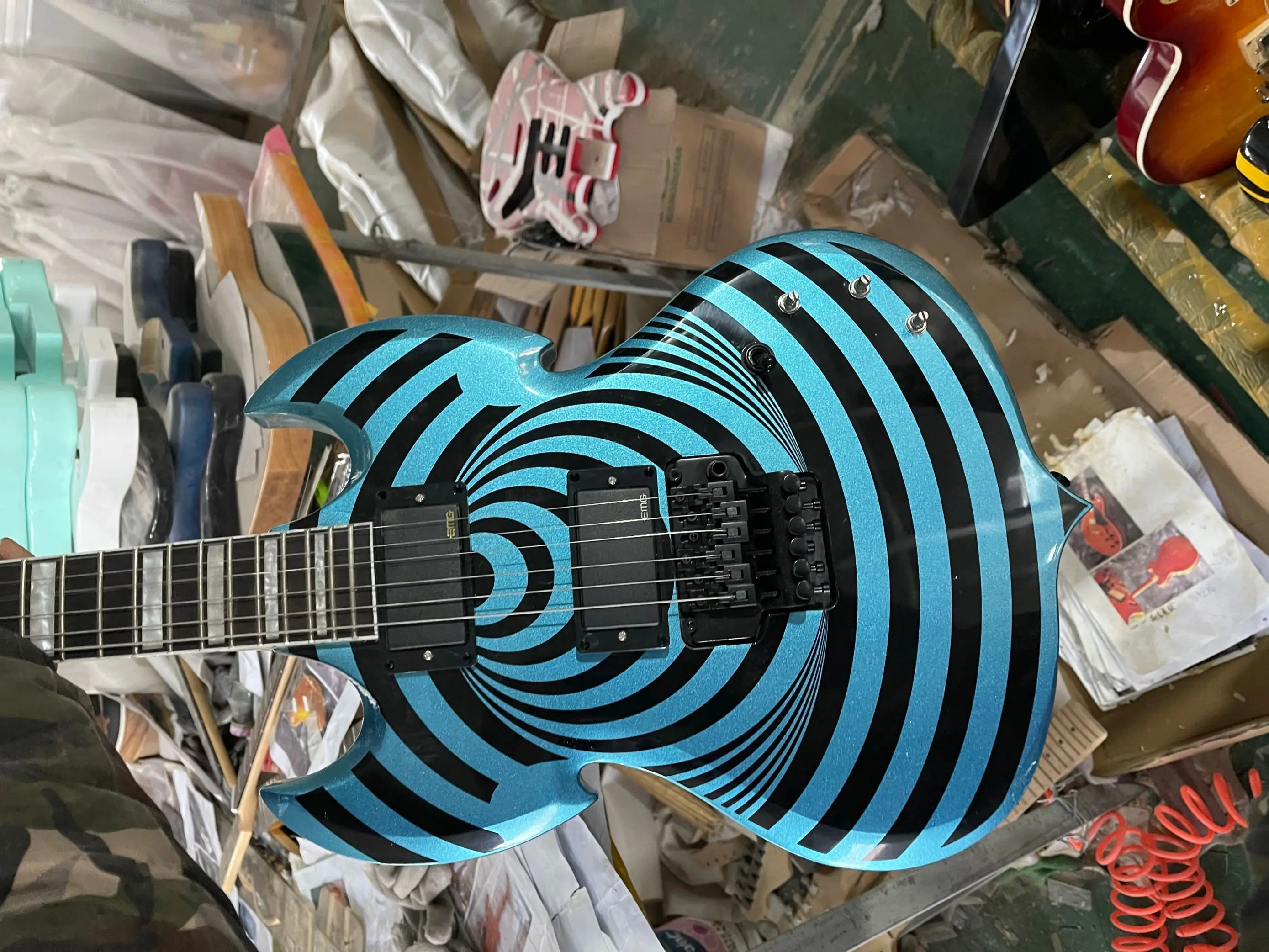 

Wylde Odin Barbarian Distorted Bullseye Metallic Blue Electric Guitar Double Cutaway SG, Large Blocks Inlay, Grover Tuners