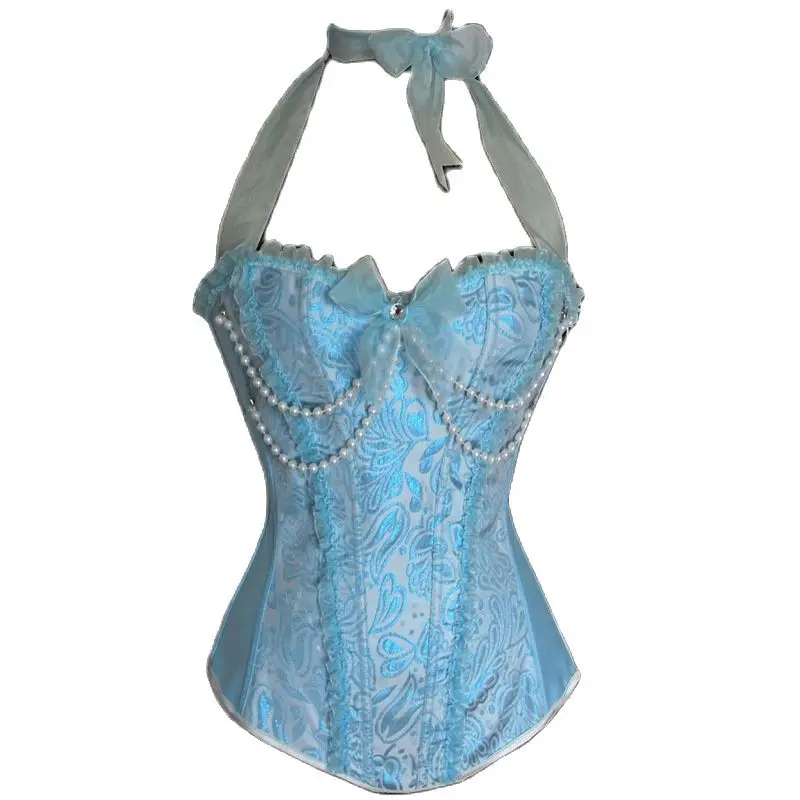 

Vintage Victorian Wedding Dress Corset Bridal Elegant Pink Blue Burlesque Corsets And Bustiers Overbust Lingerie Pearl Corselet