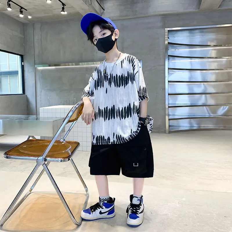 New Boys Short Sleeve Tie-Dye Tshirt+Shorts Summer Sports Suit for Kids Sets Children's Fashion Two Piece Clothes 6 8 12 14 Ages
