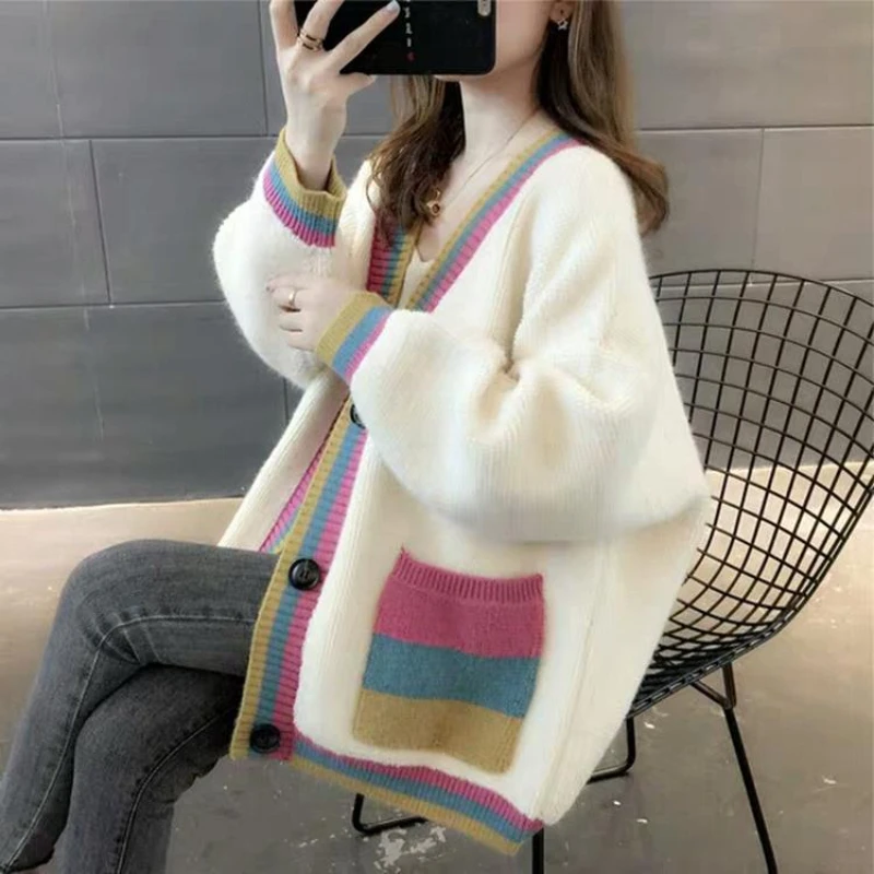 

Autumn and Winter New Korean Version Loose Color-blocking Button Knitted Sweater Cardigan Sweater Coat