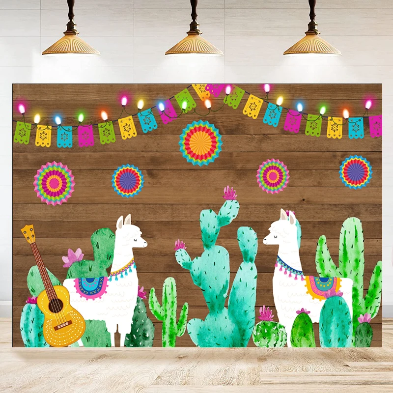 

Mexican Fiesta Photography Backdrop Mexico Cactus Guitar Party Background Cinco De Mayo Colorful Flags Paper Flowers Banner