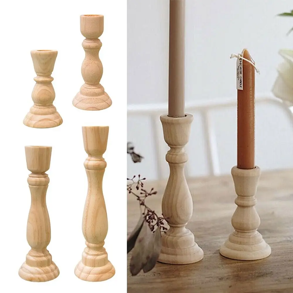 Chunky Rustic Shabby Chic Carved Pillar Church Wooden Candlesticks Stand Wedding Decoration