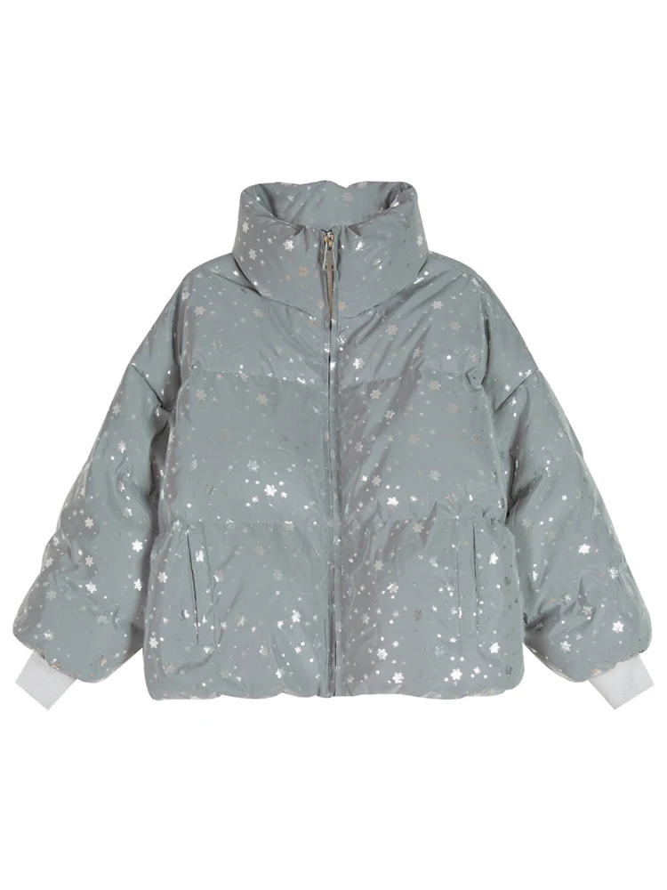 Snowflake Winter Warm Overcoat Long Reflective Jacket Luminous Casual Coat Thick Streetwear Loose Glowing Parka Padded Outwear