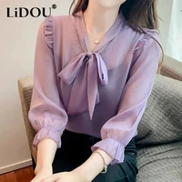 2022 summer korean sweet fashion bow lacing chiffon blouse office lady elegant temperament flare sleeve tops ruffles wild shirt