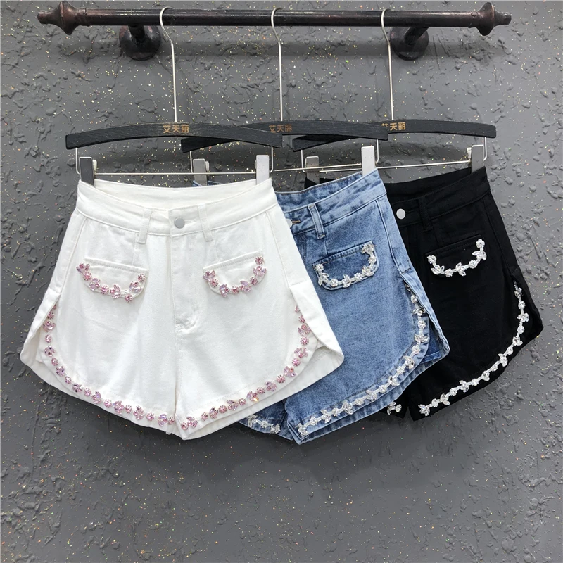 Western Style Shorts Diamond-Embedded Decorative Denim Shorts for Women 2023 Summer New Loose Slimming High Waist Wide Leg Pants