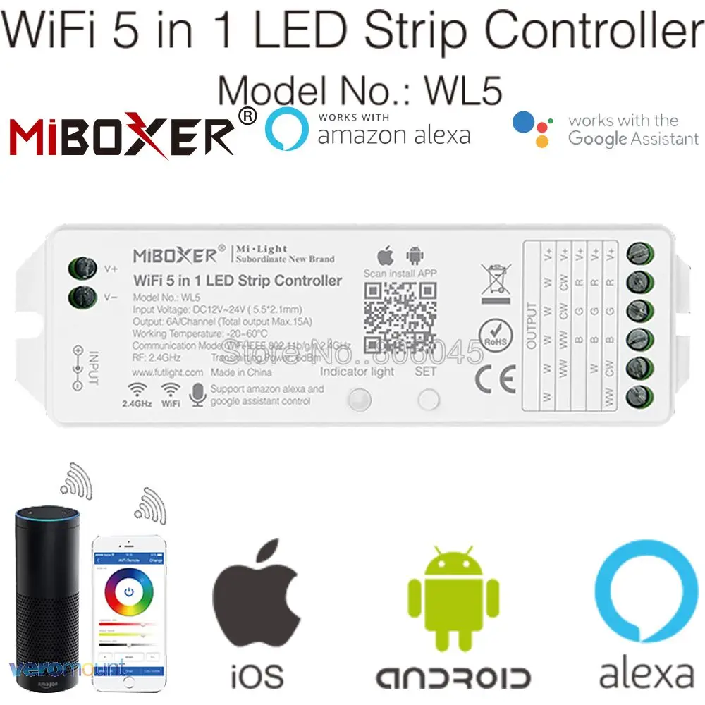 Miboxer WL5 2 4G 5 в 1 Wi-Fi светодиодный контроллер для одноцветных CCT RGB RGBW + светодиодных