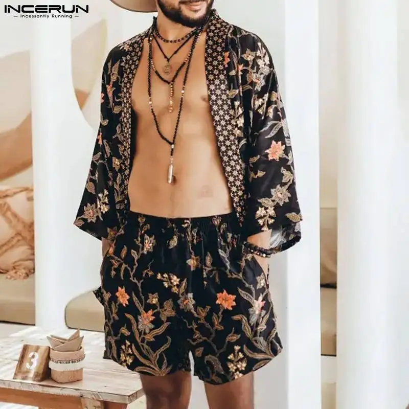 

INCERUN 2023 сексуальные новые мужские летние модные комплекты с длинным рукавом Кардиган шорты для отдыха Горячая Распродажа костюм с принтом 2 предмета