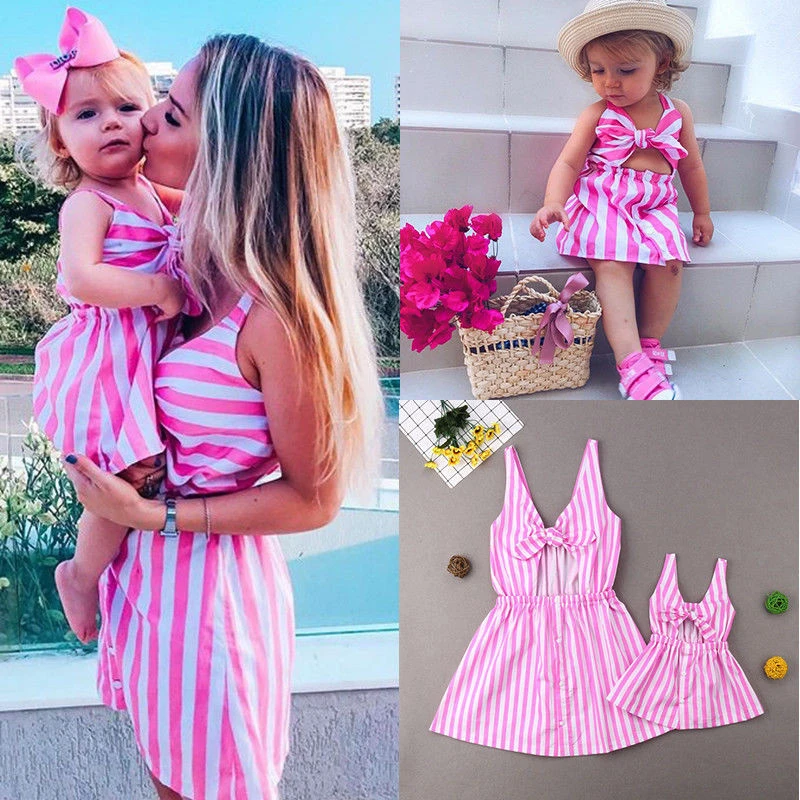 

Clothes Sleeveless Strap Bowknot Beach Dress Summer Mother Daughter Striped Dress Family Matching Women Kid Girls