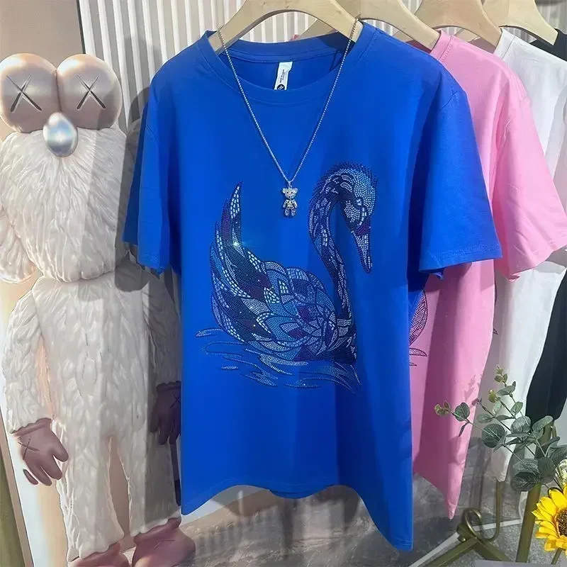 Лето 2023 новая женская футболка Swan Hot Diamond из чистого хлопка свободный и удобный