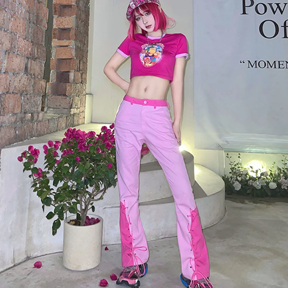 

High Street Y2k Flared Pink Jeans Women's Pants Spring 2022 Summer High Waist Casual Baggy Denim Trousers Bandage Wide Leg Pants