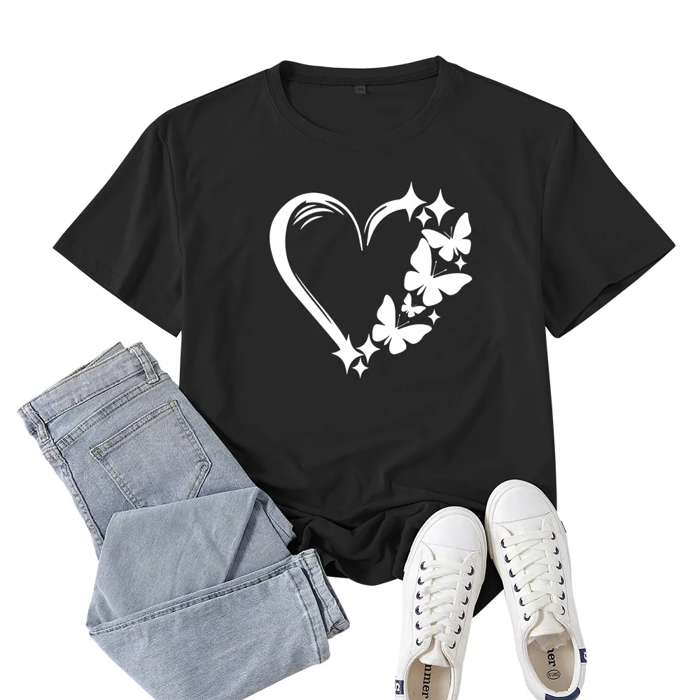 

Butterfly Heart Print Women T Shirt Harajuku 2022 New Summer Short Sleeve T-Shirts Female Summer O Neck Loose Clothing Tops