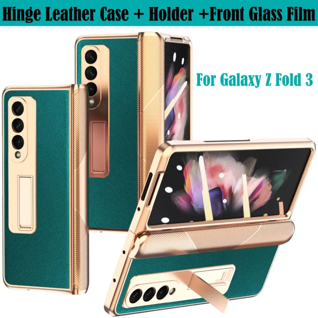 Plating Leather Capa for Samsung Galaxy Z Fold 3 Hinge Case Protector for Samsung Z Fold 3 Case with Hinge Protection Glass Film