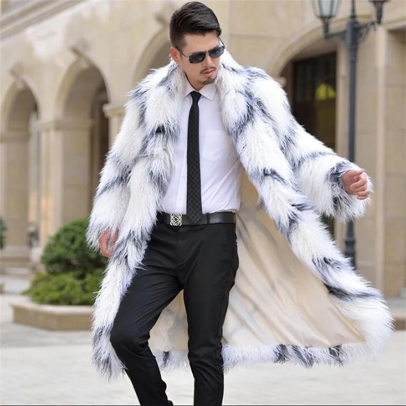 

Warm casual faux Mink rabbit long fur coat mens leather jacket men coats villus winter loose thermal outerwear collar european