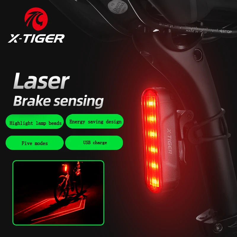 

X-Tiger Bike Light Bicycle Smart Tail Light Rechargeable LED Laser Cable Riding Tail Light with Brake Sensor Riding Accessories