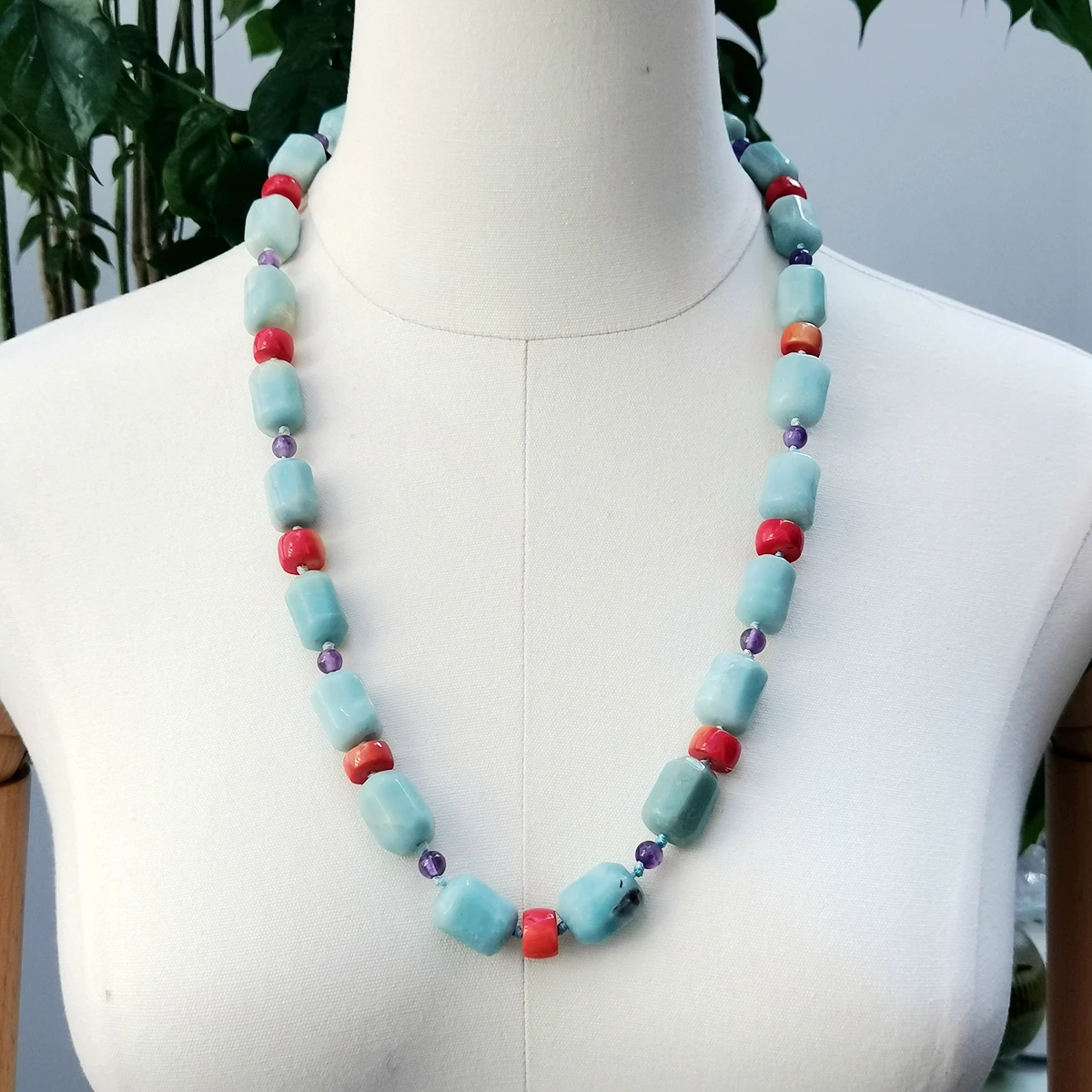 

Lii Ji Real Stone Mutil Color Necklace Amazonite Coral Amethyst Necklace 70cm Women Jewelry Stock Sale