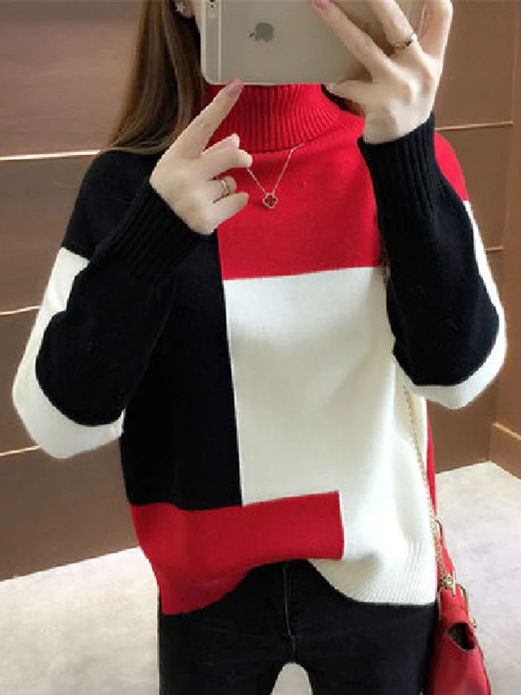 JMPRS Patchwork Women Pullover Sweater Autumn Loose O Neck Long Sleeve Knitted Thick Korean Fashion Female Jumper Sweater Top