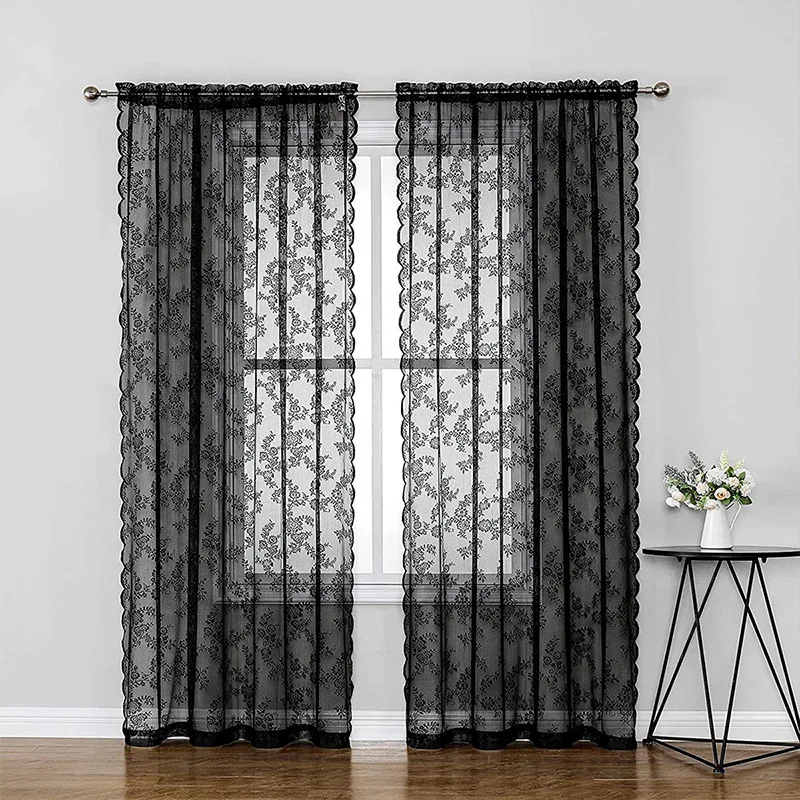

Wave Lace Gauze Curtain Black Lace Curtain Tulle Drape Balcony Screen Partition Curtain Bedroom Short Curtain Home Windows Decor