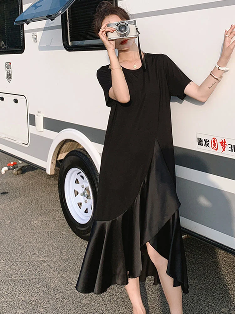 

Женское платье с оборками, асимметричное платье составного кроя с круглым вырезом и коротким рукавом, модель G193 на лето, 2022