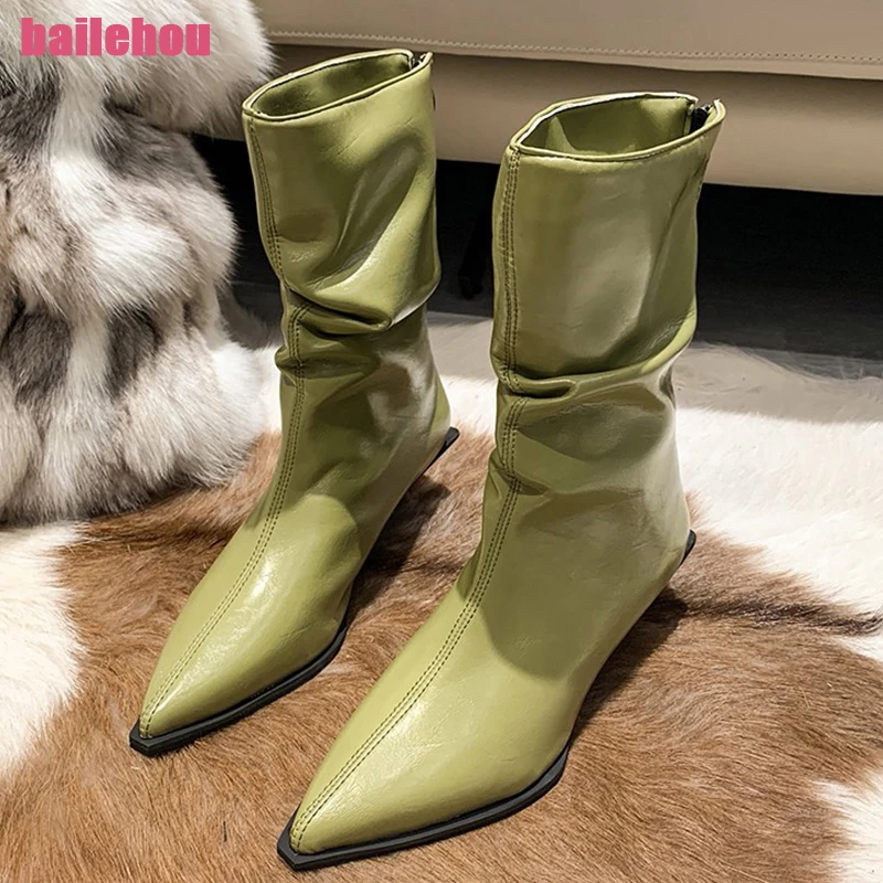 

2023 Western Mid-Calf Boots For Women Warm Fur Winter Ladies Modern Boots Fashion Zipper Heels Pointed Toe Pumps Female Shoes