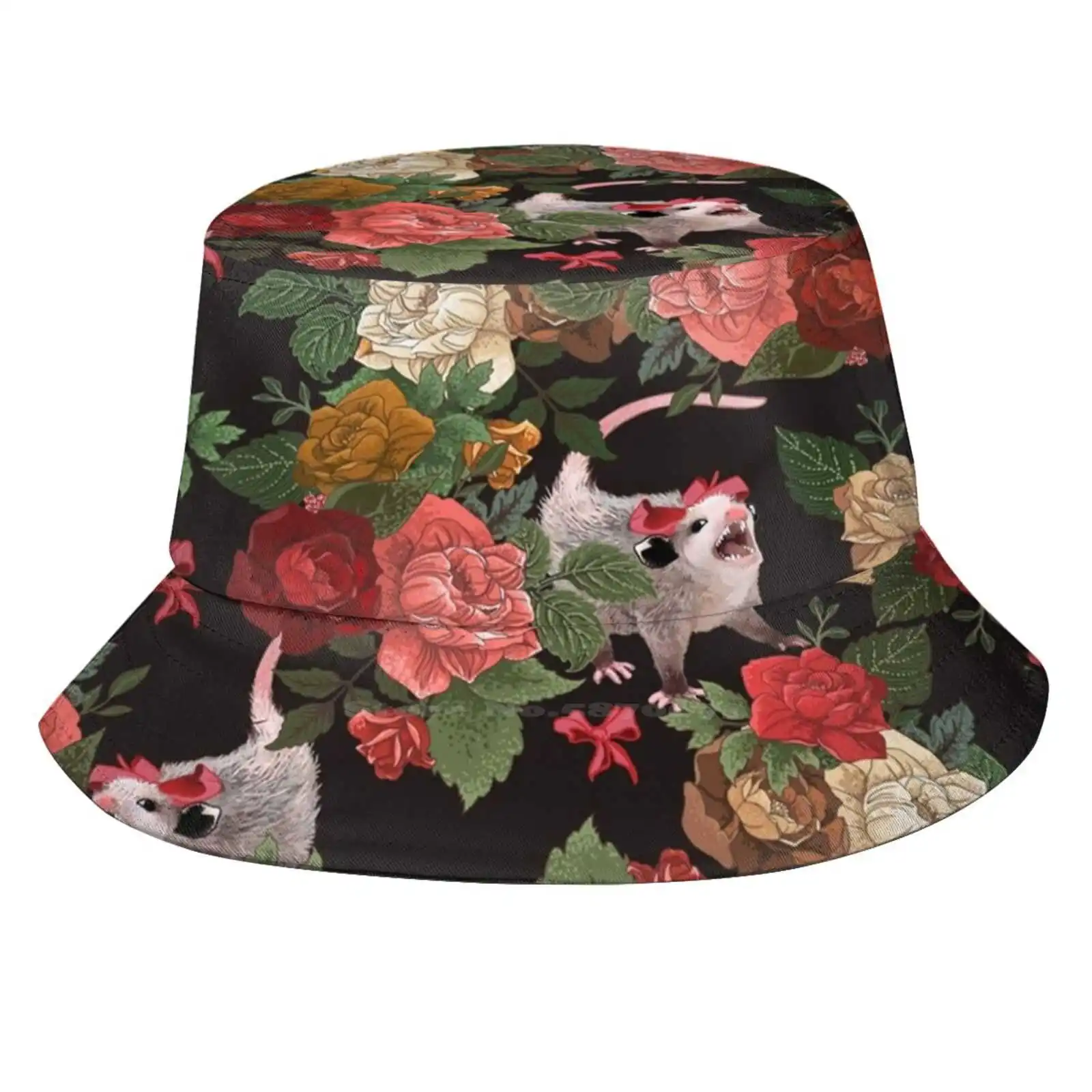 

Opossum Floral Pattern Uv Protection Foldable Bucket Hats Women Men Floral Flower Pattern Repetition Opossum Meme Animals Cute