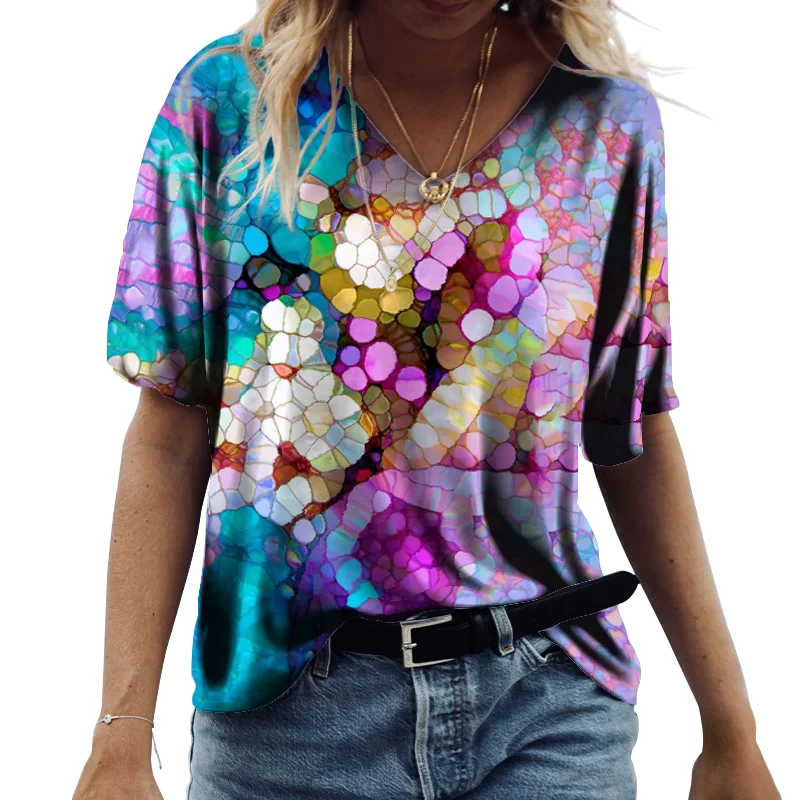 

Women Cotton TShirt Summer Short Sleeve V-Neck Printed Casual Tops 2022 New Fashion Streetwear Clothing Lady Loose All-match Top