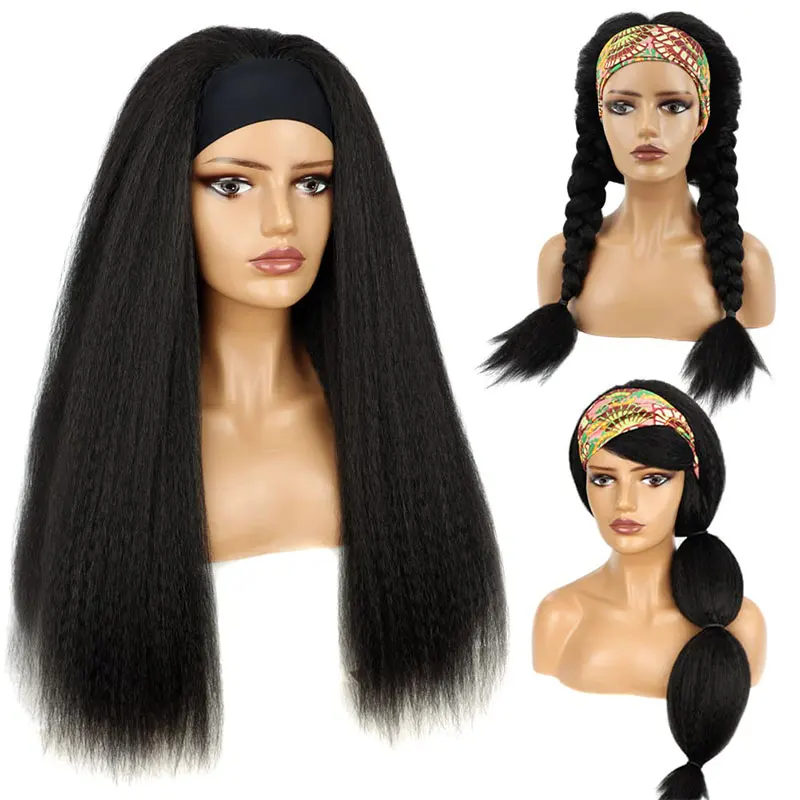 Kinky Straight Headband Wigs For Black Women Yaki Straight Human Hair Wig With Black Headband 180 Density No Lace Glueless Wigs