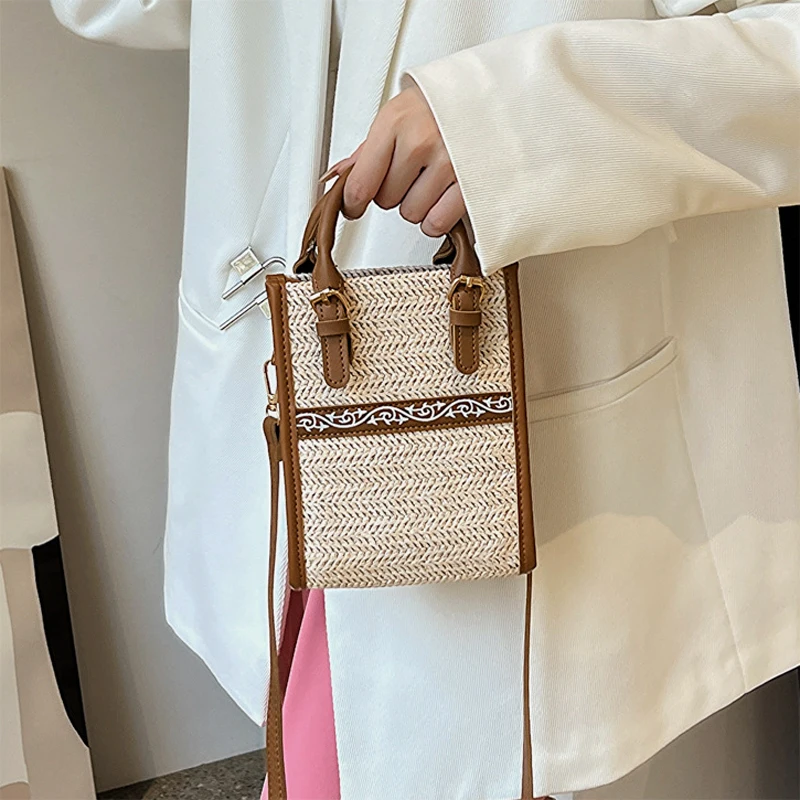 2023 Summer New Straw Shoulder Bag Fashion Small Square Top-handle Bag Designer Crossbody Bags for Women Casual Beach Handbags