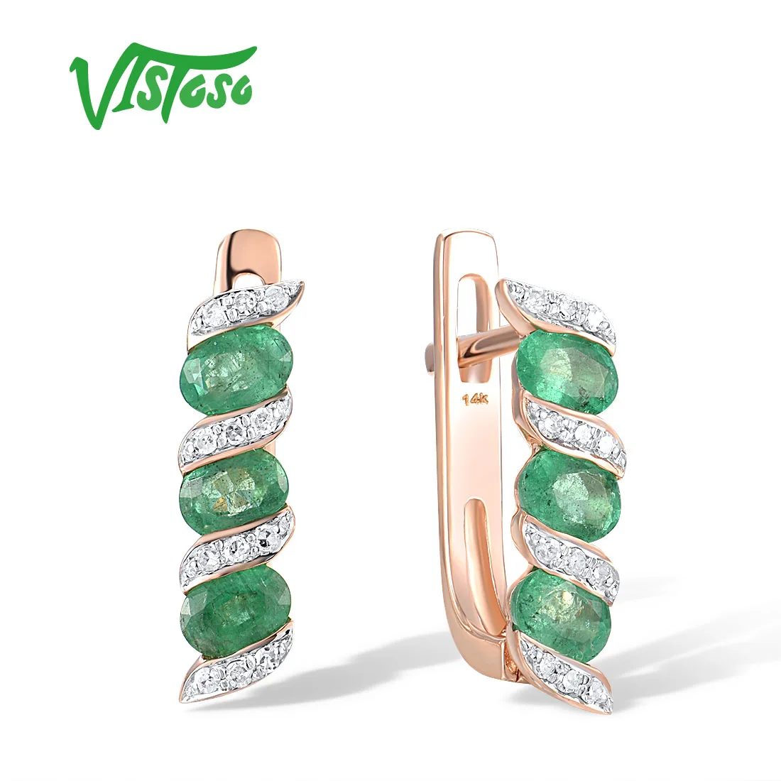 

VISTOSO Authentic 14K 585 Rose Gold Earrings For Women Sparkling Genuine Diamond Emerald Latch Back Simple Fine Elegant Jewelry