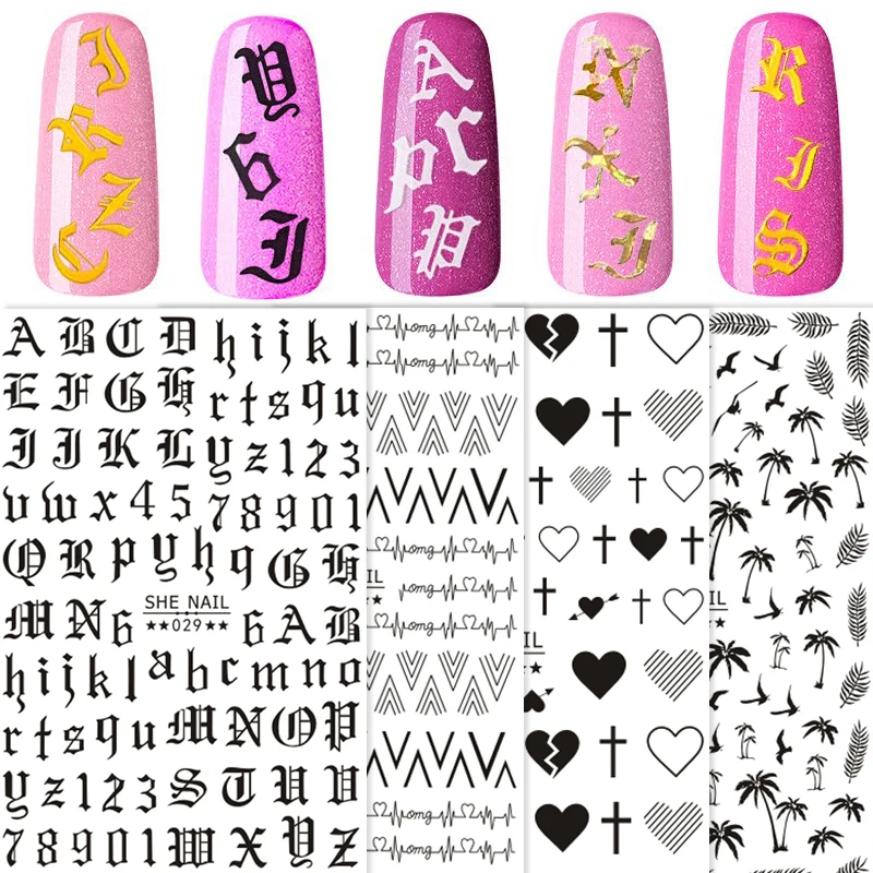 

Holographic Alphabet Letter Nail Decal Laser Gold Silver Black English Word Bronzing Sticker Symbolic Template Slider SHE