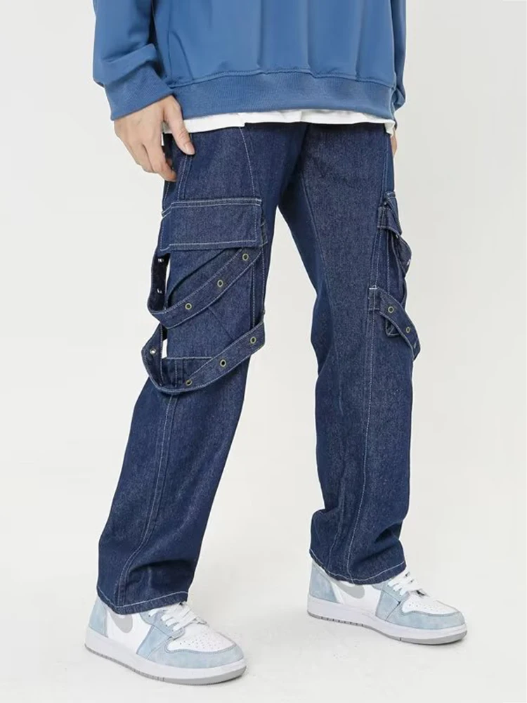 Retro Blue Cargo Wide Jeans for Men Fashionable Zipper Pockets Streamer Streetwear Casual Wide Leg Denim Overalls Hip Hop Denim