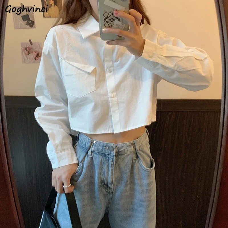 

Shirts Women White Crop Top Fashion Long Sleeve Spring All-match Vintage Simple Korean Leisure Pocket Students Cloth Femme Chic